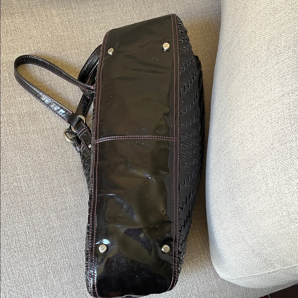 Cole Haan Genevieve Patent Black Woven Shoulder Bag with Plum Stitching - Picture 6 of 12